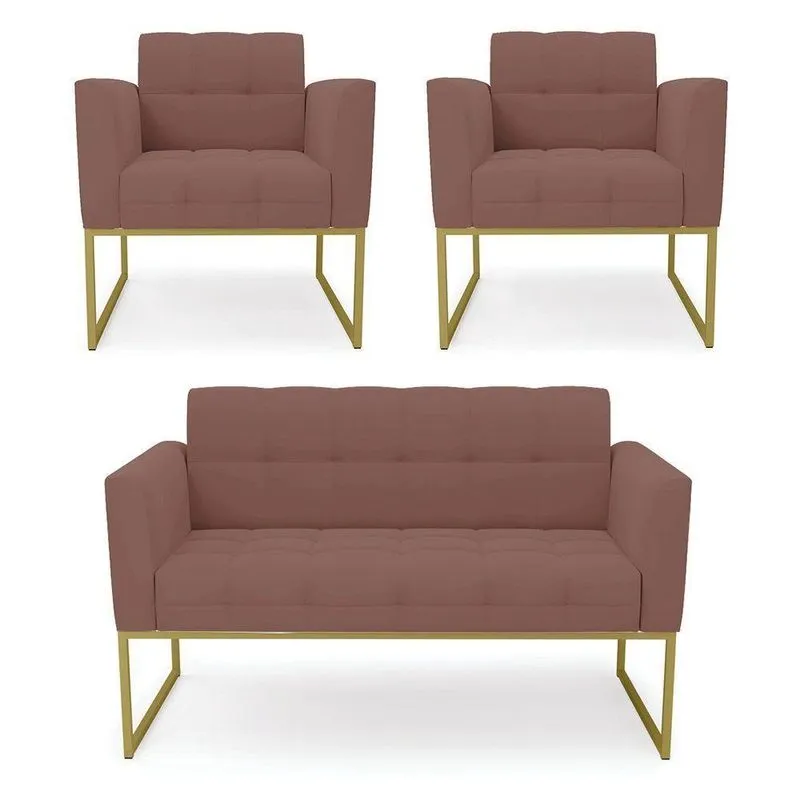Kit 1 Sofá Namoradeira E 2 Poltronas Elisa Veludo Base Metálica Industrial Dourado - D'rossi Cor Rose