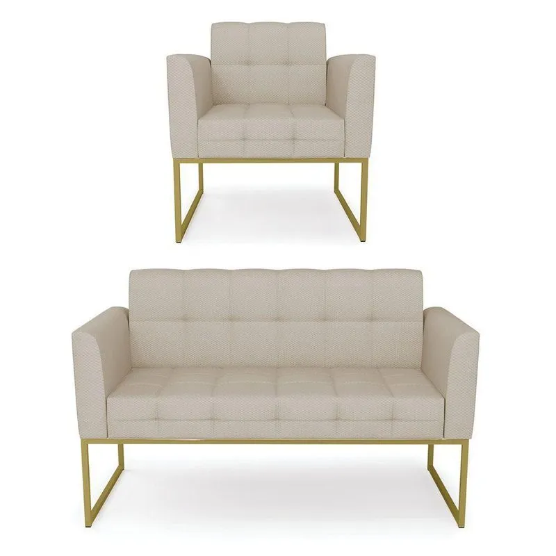 Kit 1 Sofá Namoradeira E 1 Poltrona Elisa Veludo Luxo Prata A130 Base Metálica Industrial Dourado - D'rossi