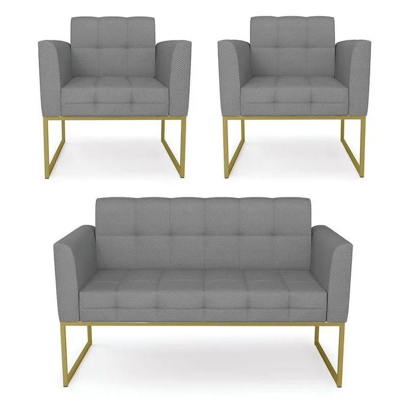 Kit 1 Sofá Namoradeira E 2 Poltronas Veludo Grafite Base Metálica Industrial Dourado - D\'rossi