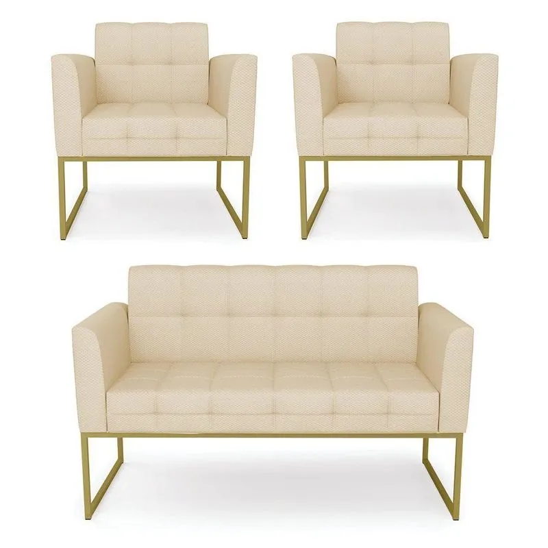 Kit 1 Sofá Namoradeira E 2 Poltronas Elisa Veludo Luxo Base Metálica Industrial Dourado - D'rossi Cor A129 Off White