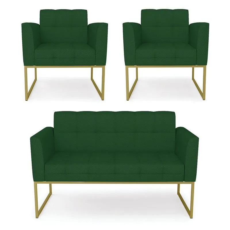 Kit 1 Sofá Namoradeira E 2 Poltronas Elisa Veludo Luxo Base Metálica Industrial Dourado - D'rossi Cor A136 Verde