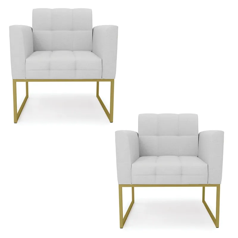 Kit 2 Poltronas Elisa Linho Cinza A05 Base Metálica Industrial Dourado - D'Rossi