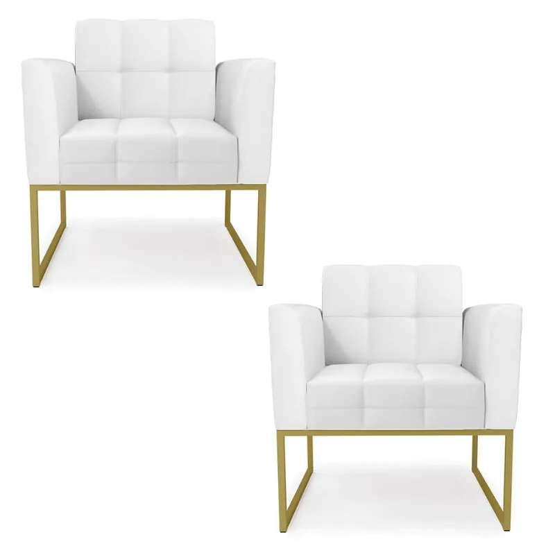Kit 2 Poltronas Elisa Corino Branco Base Metálica Industrial Dourado - D'Rossi