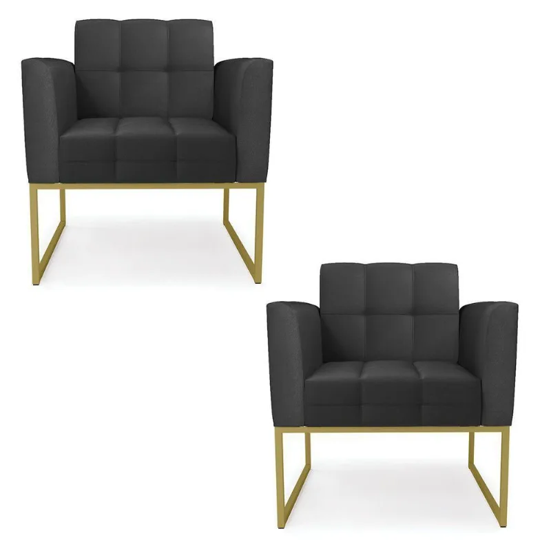 Kit 2 Poltronas Elisa Corino Preto Base Metálica Industrial Dourado - D'rossi