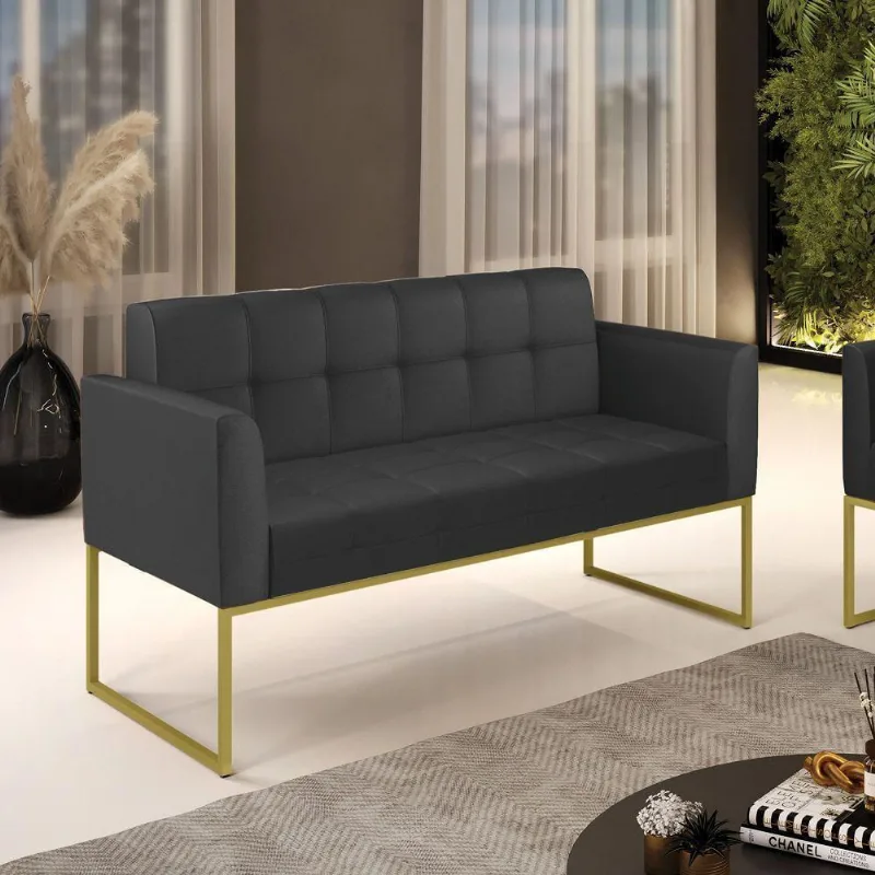 Sofá Namoradeira Elisa Corino Preto Base Metálica Industrial Dourado - D'rossi