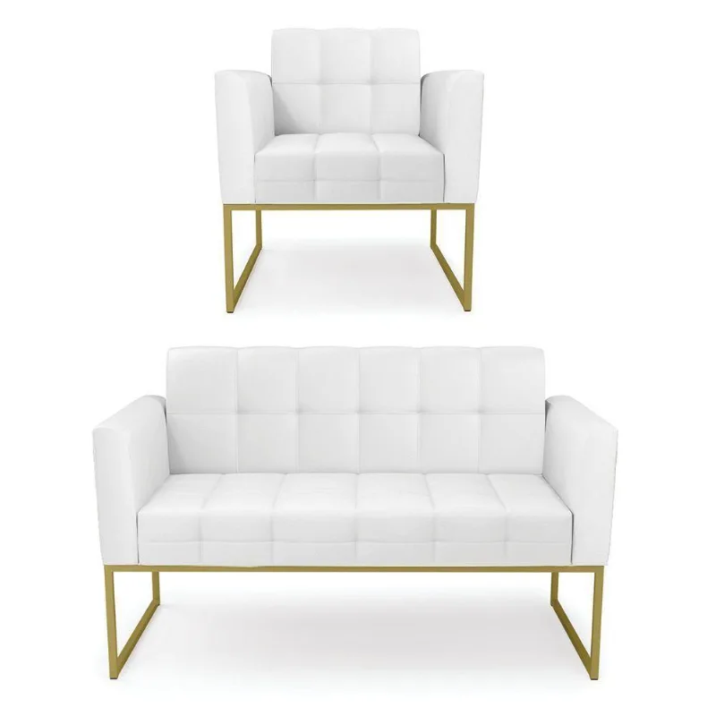 Kit 1 Sofá Namoradeira E 1 Poltrona Elisa Corino Branco Base Metálica Industrial Dourado - D'rossi