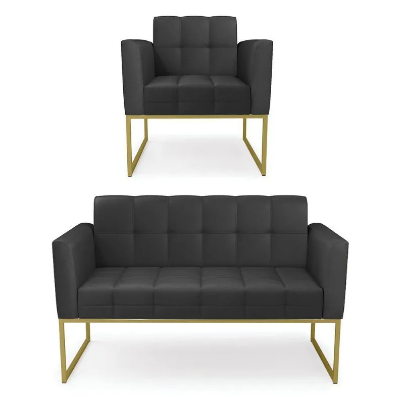 Kit 1 Sofá Namoradeira E 1 Poltrona Elisa Corino Preto Base Metálica Industrial Dourado - D'rossi