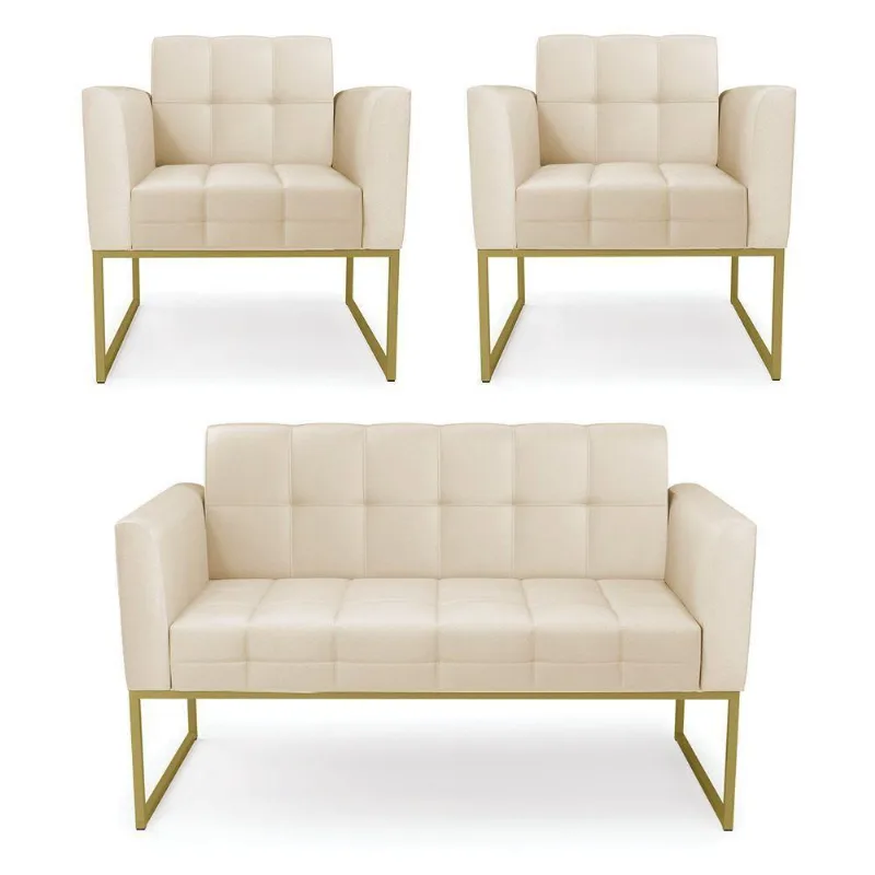 Kit 1 Sofá Namoradeira E 2 Poltronas Elisa Corino Bege Base Metálica Industrial Dourado - D'rossi