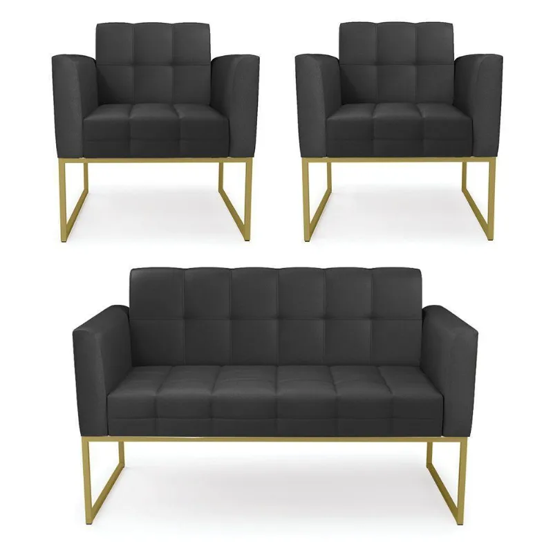 Kit 1 Sofá Namoradeira E 2 Poltronas Elisa Corino Preto Base Metálica Industrial Dourado - D'rossi