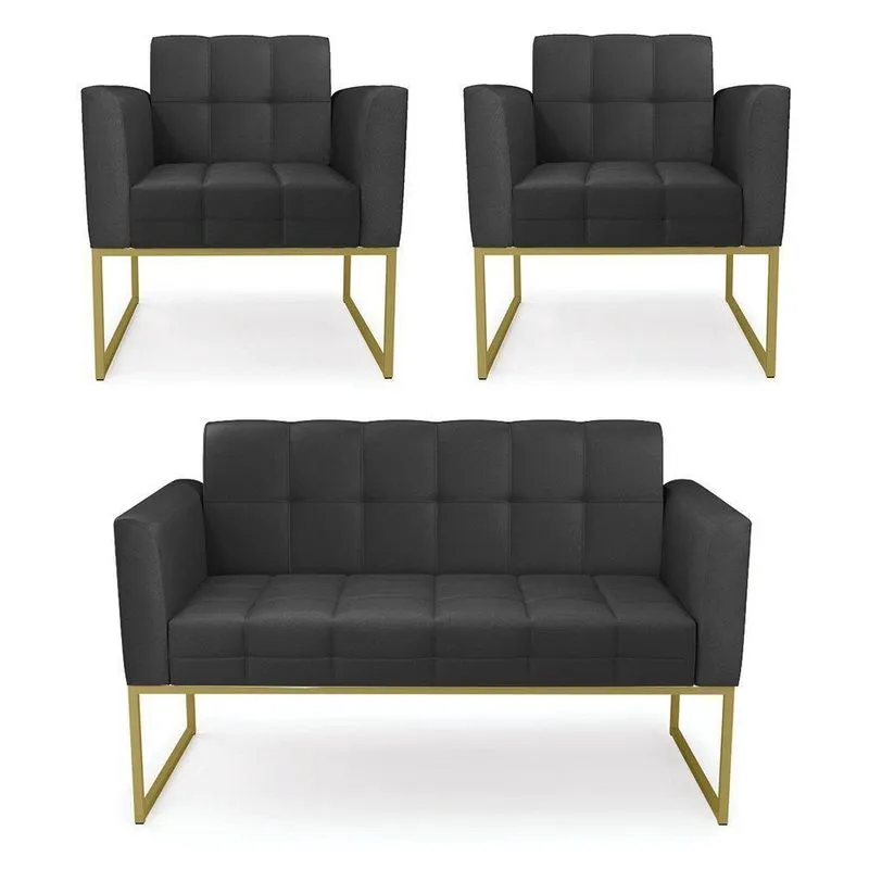 Kit 1 Sofá Namoradeira E 2 Poltronas Elisa Corino Base Metálica Industrial Dourado - D'rossi Cor Preto
