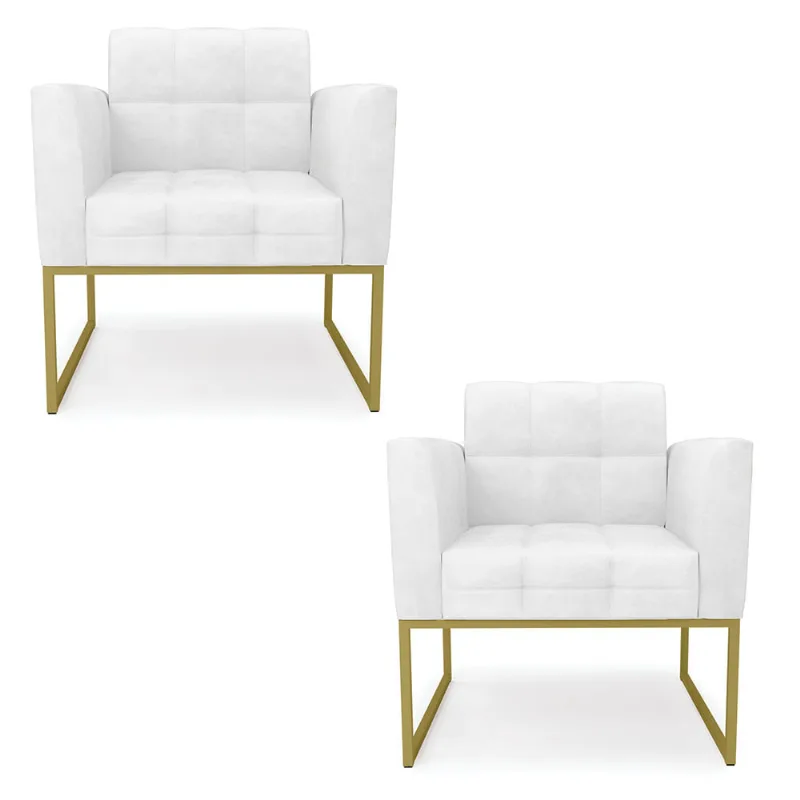 Kit 2 Poltronas Elisa Corano Branco Base Metálica Industrial Dourado - D'Rossi