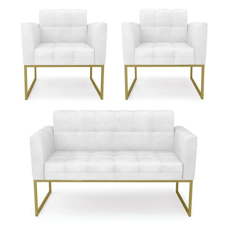Kit 1 Sofá Namoradeira E 2 Poltronas Elisa Corano Branco Base Metálica Industrial Dourado - D'rossi
