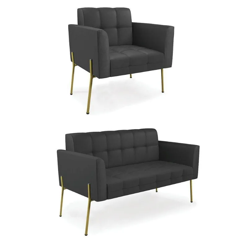 Sofá Namoradeira E Poltrona Base Pé De Ferro Dourado Elisa Corino D03 - D'rossi Cor Preto