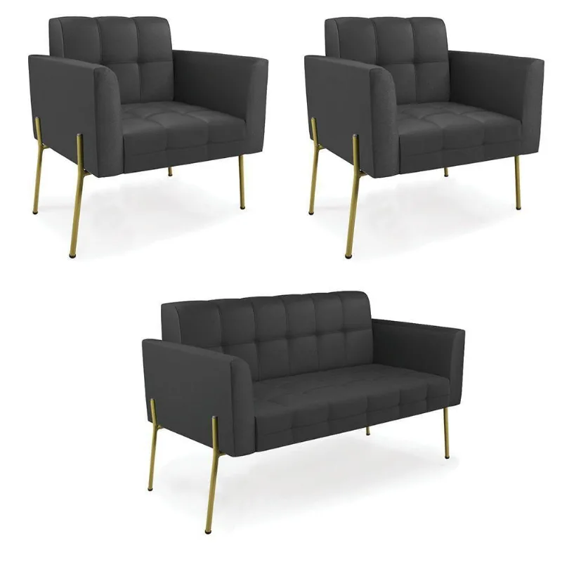 Sofá Namoradeira E 2 Poltronas Pé De Ferro Dourado Elisa Corino D03 - D'rossi Cor Preto