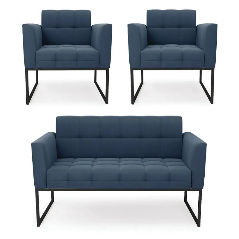 Kit 1 Sofá Namoradeira E 2 Poltronas Suede Azul Marinho Base Metálica Industrial Preto - D'rossi