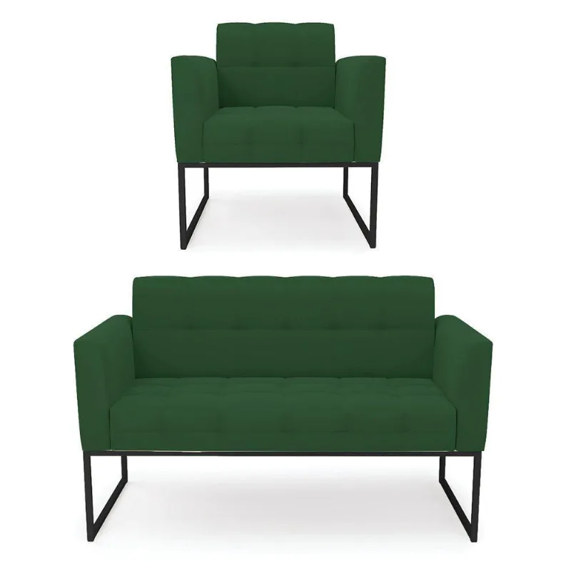 Kit 1 Sofá Namoradeira E 1 Poltrona Elisa Veludo Verde Base Metálica Industrial Preto - D'rossi