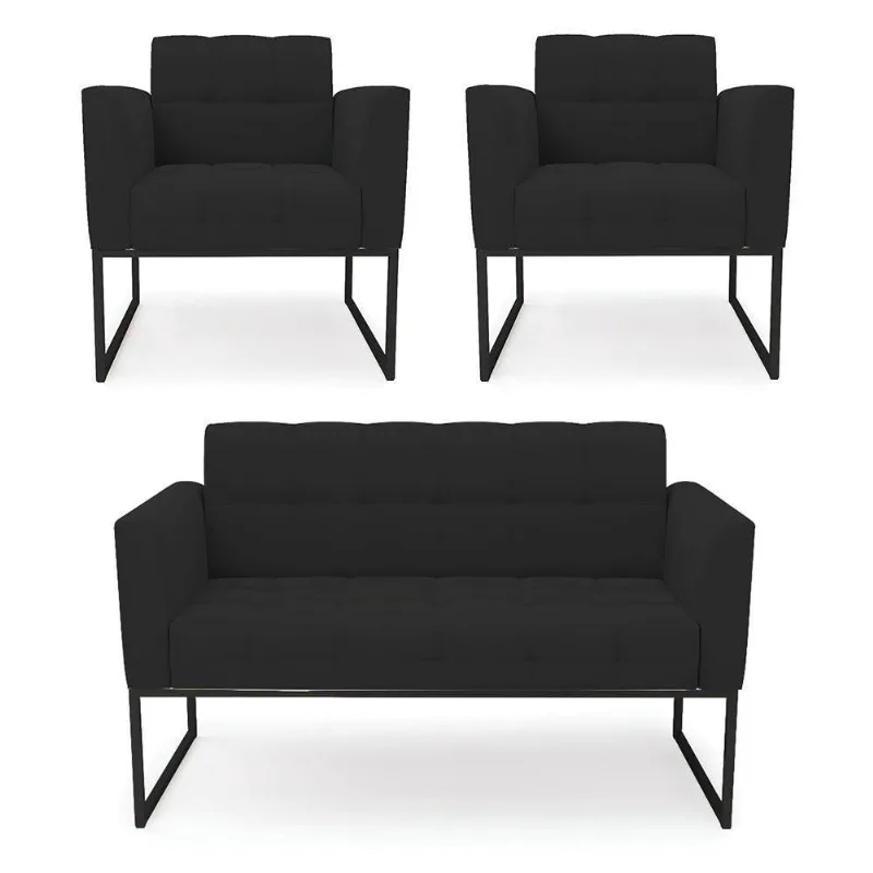 Kit 1 Sofá Namoradeira E 2 Poltronas Elisa Veludo Preto Base Metálica Industrial Preto - D'rossi