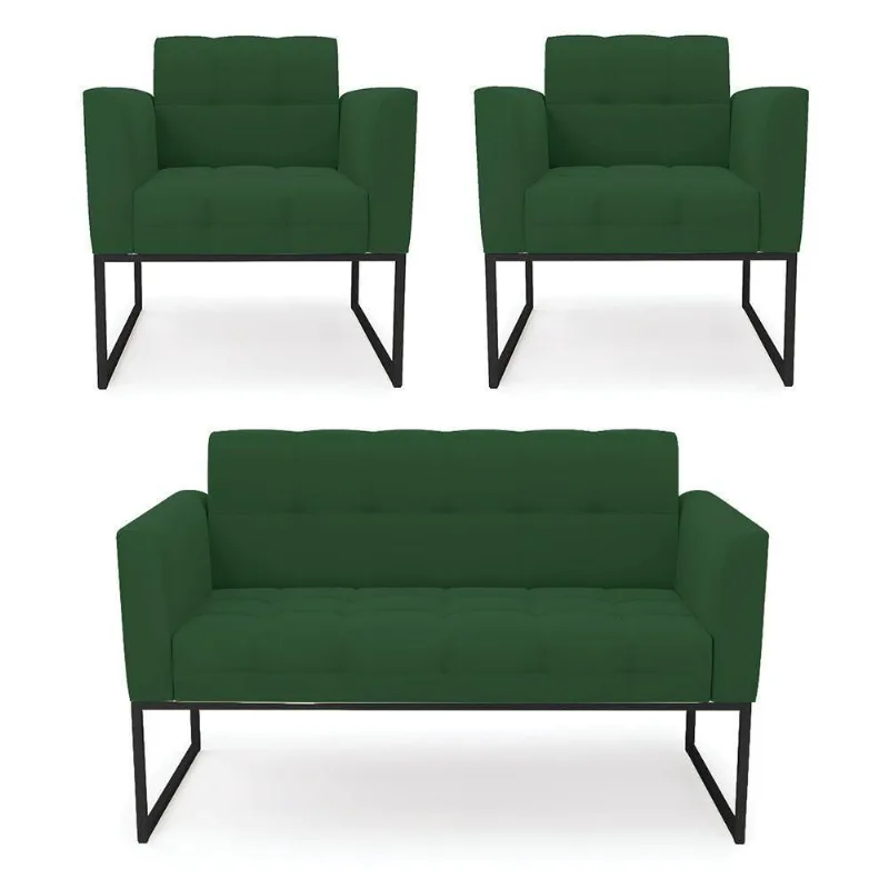 Kit 1 Sofá Namoradeira E 2 Poltronas Elisa Veludo Verde Base Metálica Industrial Preto - D'rossi