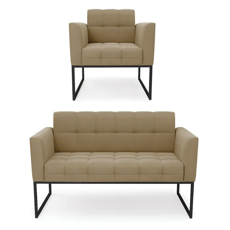 Kit 1 Sofá Namoradeira E 1 Poltrona Suede Base Metálica Industrial Preto - D'rossi Cor Marrom Rato