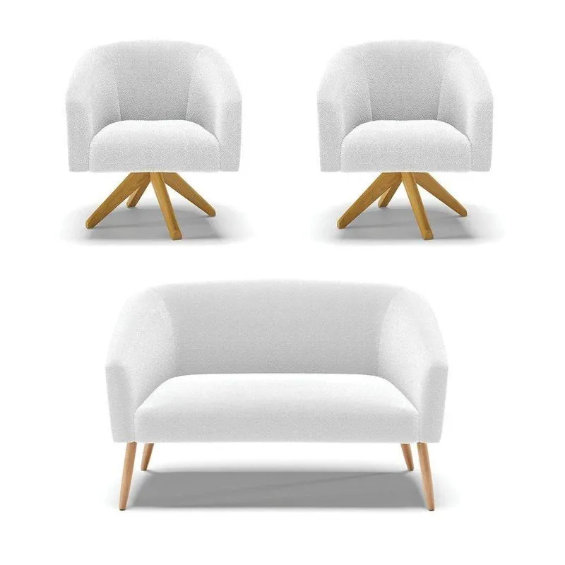 Kit 1 Sofá Namoradeira Pés Palito Natural E 2 Poltronas Stella Bouclê Off White Base De Madeira Ma30 - D'rossi
