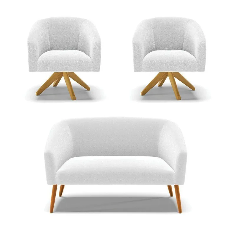 Kit 1 Sofá Namoradeira E 2 Poltronas Stella Bouclê Base De Madeira Ma30 - D'rossi Cor Off White