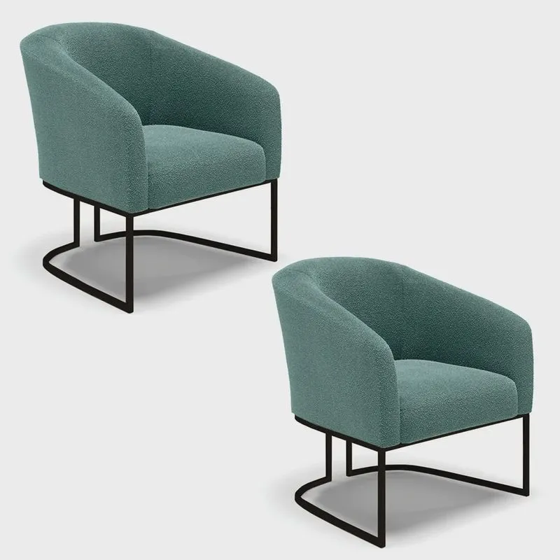 Kit 2 Poltronas Stella Bouclê Verde Menta Base Metálica Industrial Preto - D'Rossi
