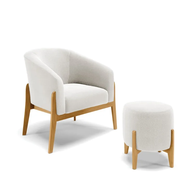 Poltrona e Puff Decorativo Base Madeira Stella Bouclê P01 - D'Rossi Off White