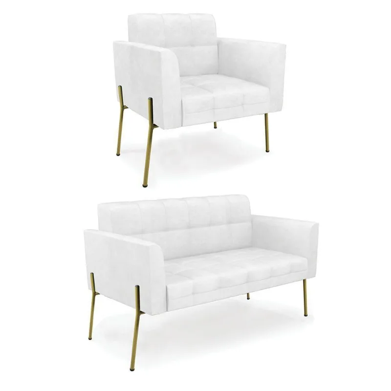 Sofá Namoradeira E Poltrona Base Pé De Ferro Dourado Elisa Corano D03 - D'rossi Cor Branco