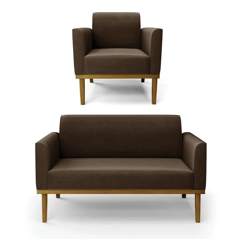 Sofá Namoradeira Com Poltrona Base De Madeira Fixa Castanho Marisa Suede D03 - D?rossi Cor Marrom