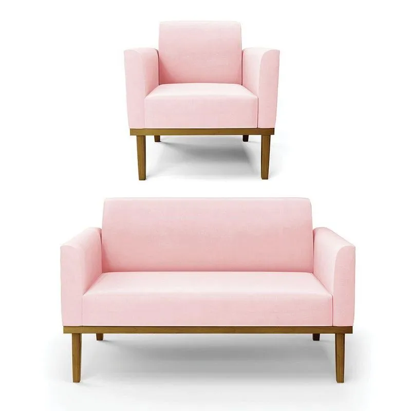 Sofá Namoradeira Com Poltrona Base De Madeira Fixa Castanho Marisa Suede Rosa Bebê D03 - D?rossi