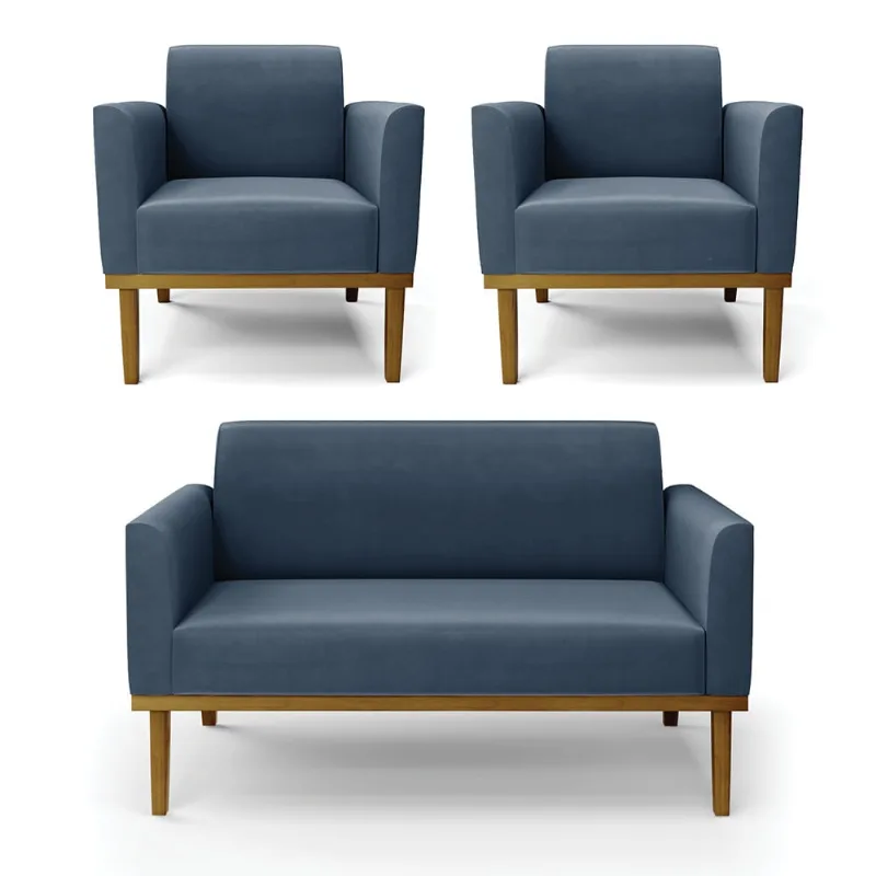 Sofá Namoradeira com 2 Poltronas Base de Madeira Fixa Castanho Marisa Suede Azul Marinho D03 - D'Rossi