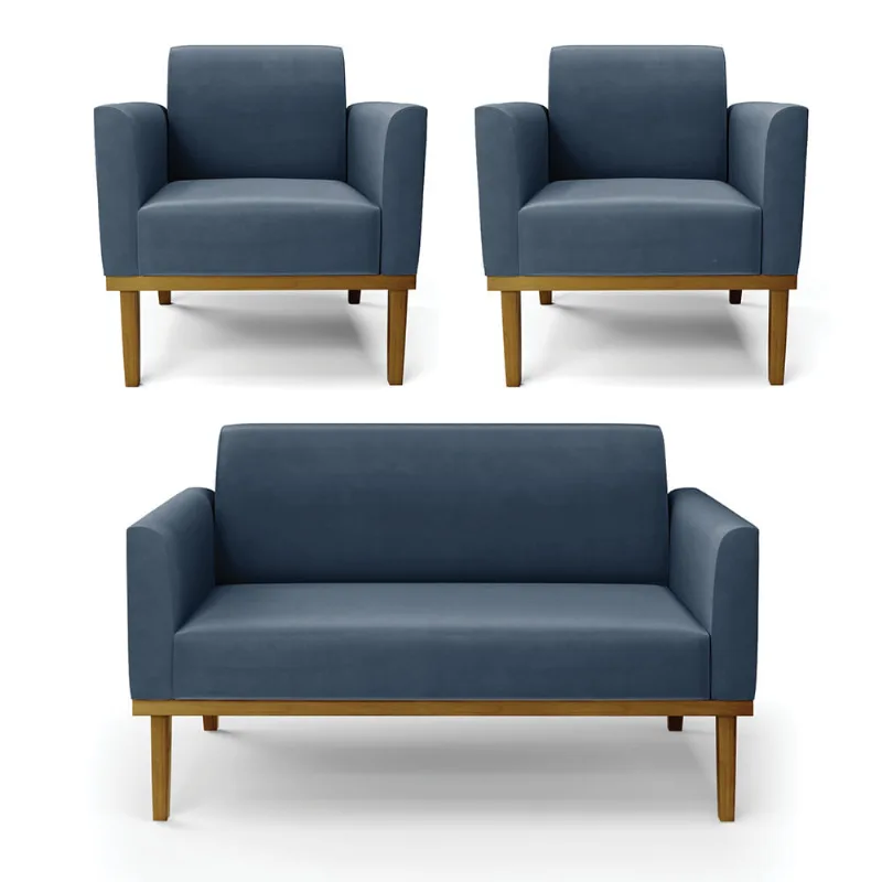 Sofá Namoradeira com 2 Poltronas Base de Madeira Fixa Castanho Marisa Suede D03 - D?Rossi Azul Marinho
