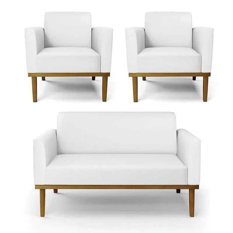Sofá Namoradeira Com 2 Poltronas Base De Madeira Fixa Castanho Marisa Corino D03 - D?rossi Cor Branco