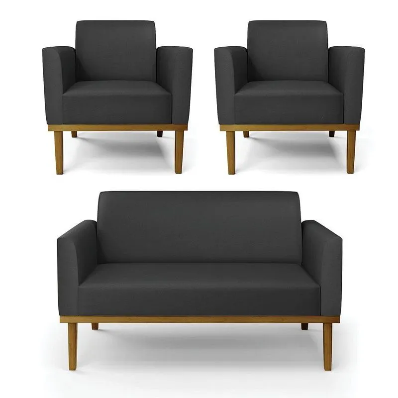 Sofá Namoradeira Com 2 Poltronas Base De Madeira Fixa Castanho Marisa Corino D03 - D?rossi Cor Preto