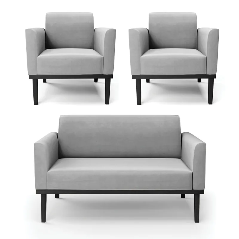 Sofá Namoradeira com 2 Poltronas Base de Madeira Fixa Preto Marisa Suede Cinza D03 - D'Rossi