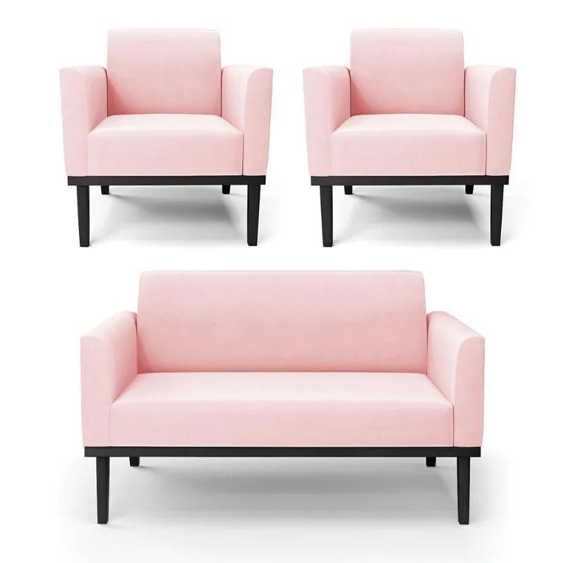 Sofá Namoradeira Com 2 Poltronas Base De Madeira Fixa Preto Marisa Suede Rosa Bebê D03 - D'Rossi