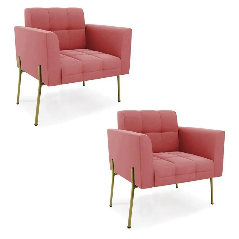 Poltrona Pé De Ferro Dourado Para Sala Kit 2 Elisa Suede Rosê D03 - D'rossi