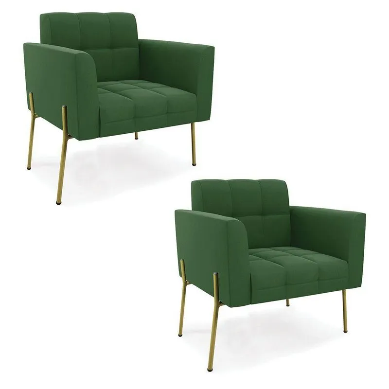 Poltrona Pé De Ferro Dourado Para Sala Kit 2 Elisa Suede Verde D03 - D'rossi