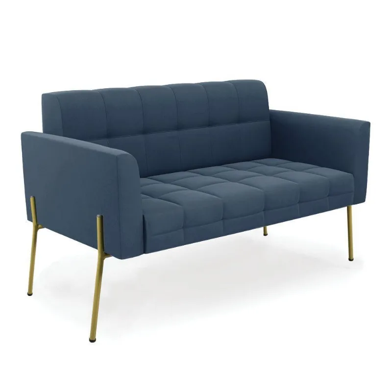 Sofá Namoradeira 2 Lugares Pé De Ferro Dourado Elisa Suede Azul Marinho D03 - D'rossi