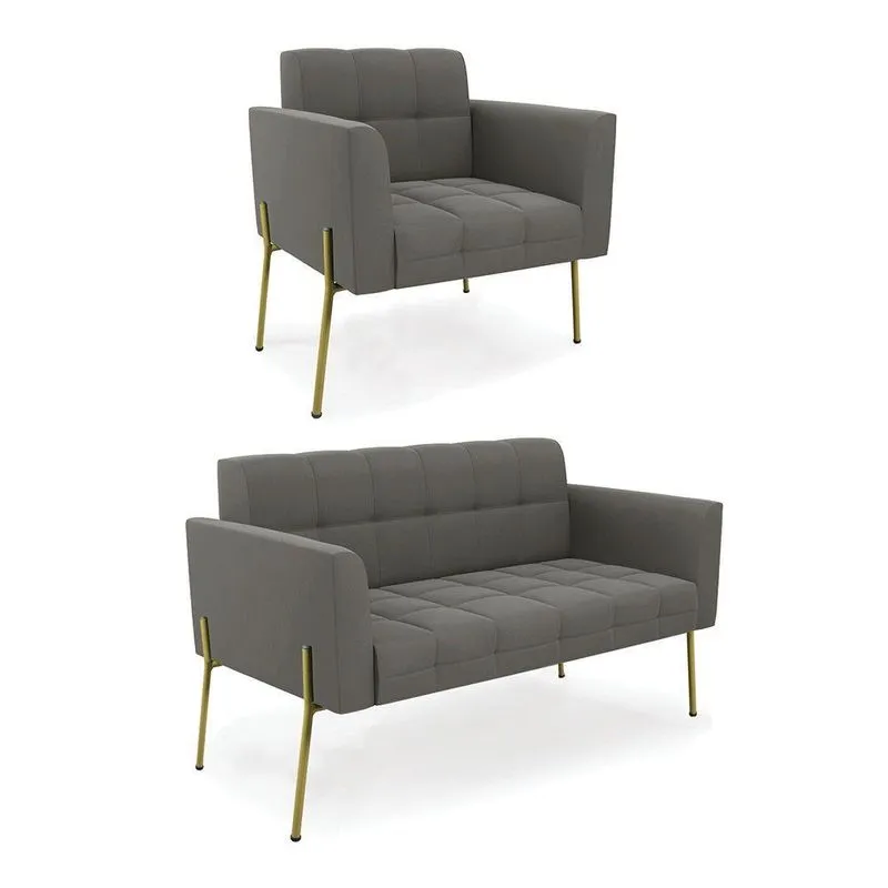 Sofá Namoradeira E Poltrona Pé De Ferro Dourado Elisa Suede Grafite D03 - D'rossi