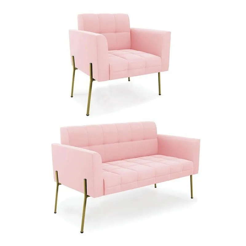 Sofá Namoradeira E Poltrona Pé De Ferro Dourado Elisa Suede Rosa Bebê D03 - D'rossi
