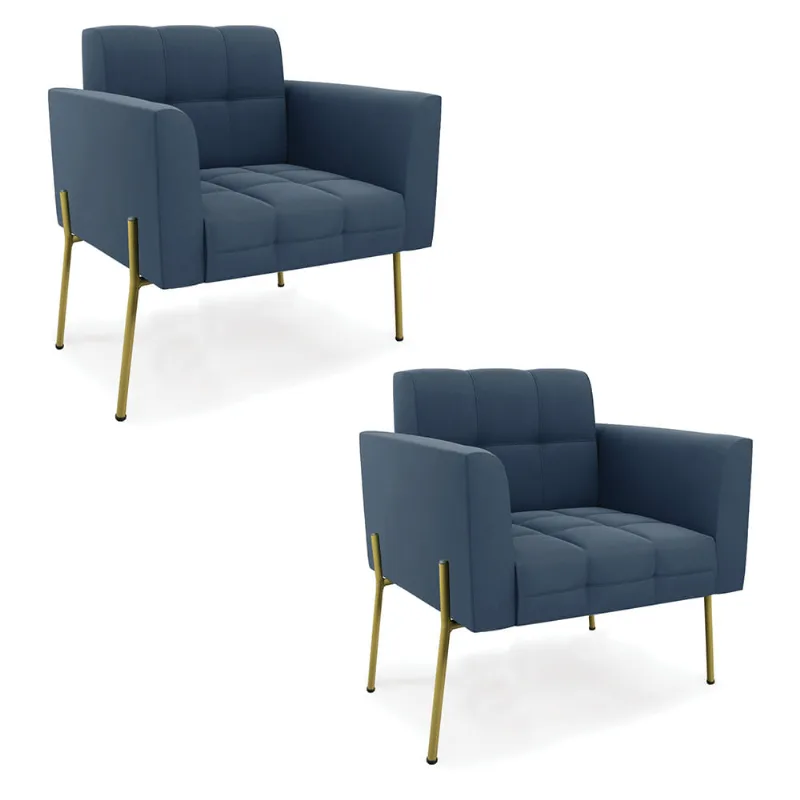 Poltrona Pé de Ferro Dourado para Sala Kit 2 Elisa Suede D03 - D'Rossi Azul Marinho
