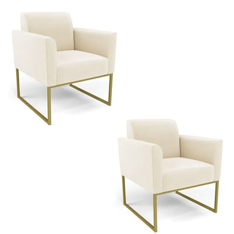Kit 2 Poltronas Base Industrial Dourado Marisa Veludo Bege D03 - D'rossi
