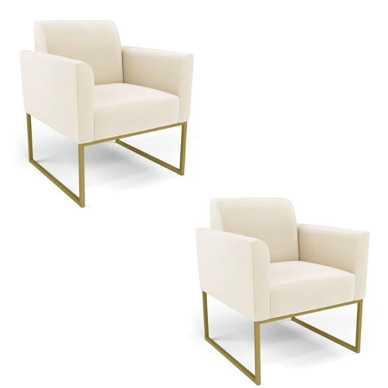 Kit 2 Poltronas Base Industrial Dourado Marisa Veludo D03 - D\'rossi Cor Bege