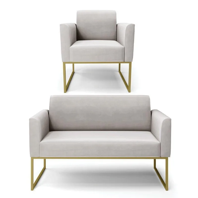 Sofá Namoradeira Com Poltrona Base Industrial Dourado Marisa Veludo D03 - D\'rossi Cor Cinza