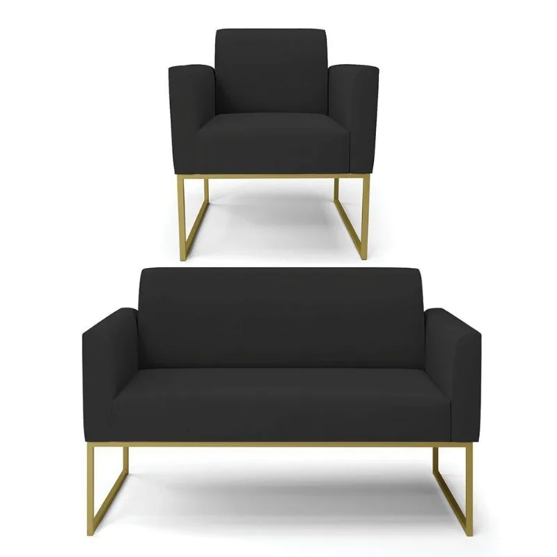 Sofá Namoradeira Com Poltrona Base Industrial Dourado Marisa Veludo D03 - D\'rossi Cor Preto