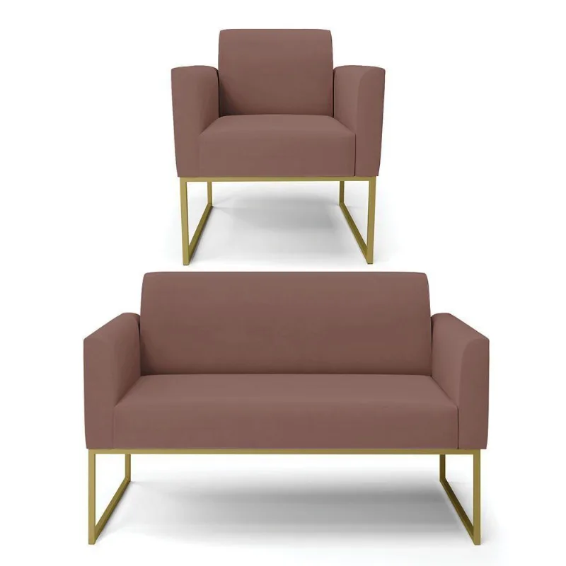 Sofá Namoradeira Com Poltrona Base Industrial Dourado Marisa Veludo D03 - D\'rossi Cor Rose