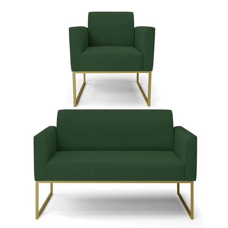 Sofá Namoradeira Com Poltrona Base Industrial Dourado Marisa Veludo D03 - D\'rossi Cor Verde