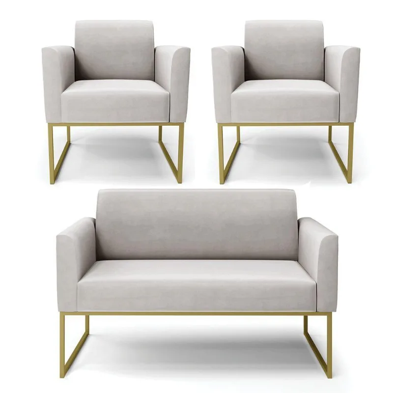 Sofá Namoradeira Com 2 Poltronas Base Industrial Dourado Marisa Veludo D03 - D\'rossi Cor Cinza