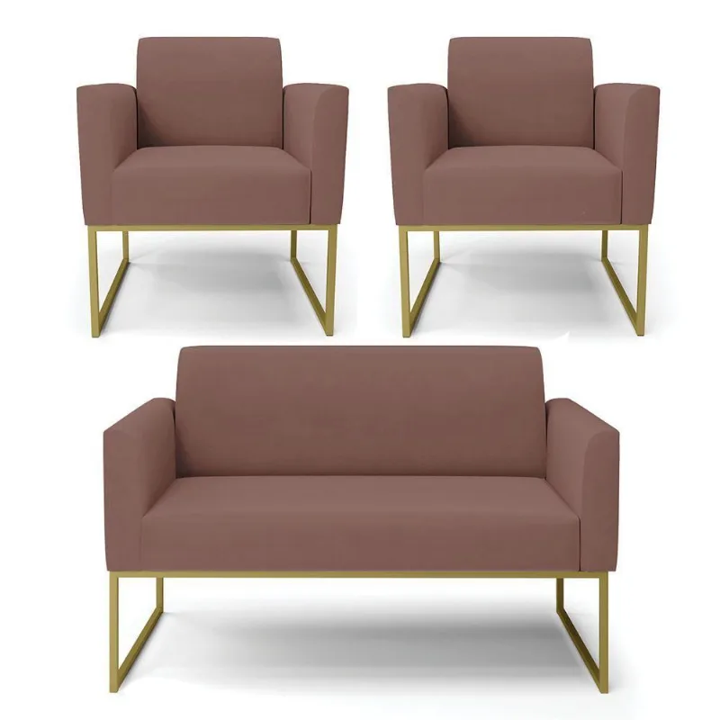 Sofá Namoradeira Com 2 Poltronas Base Industrial Dourado Marisa Veludo D03 - D\'rossi Cor Rose